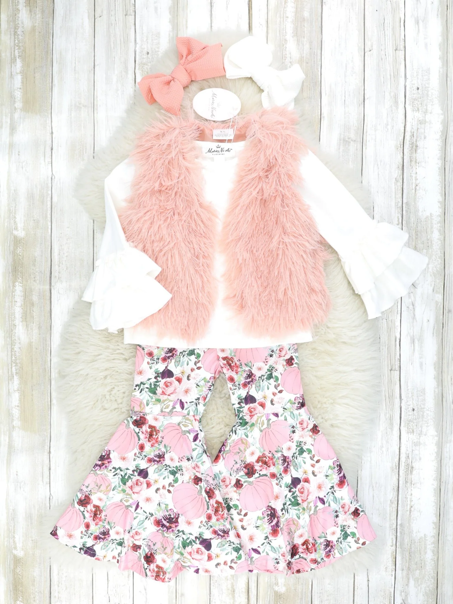 Mauve Fuzzy Vest & Floral Bell Bottoms Outfit
