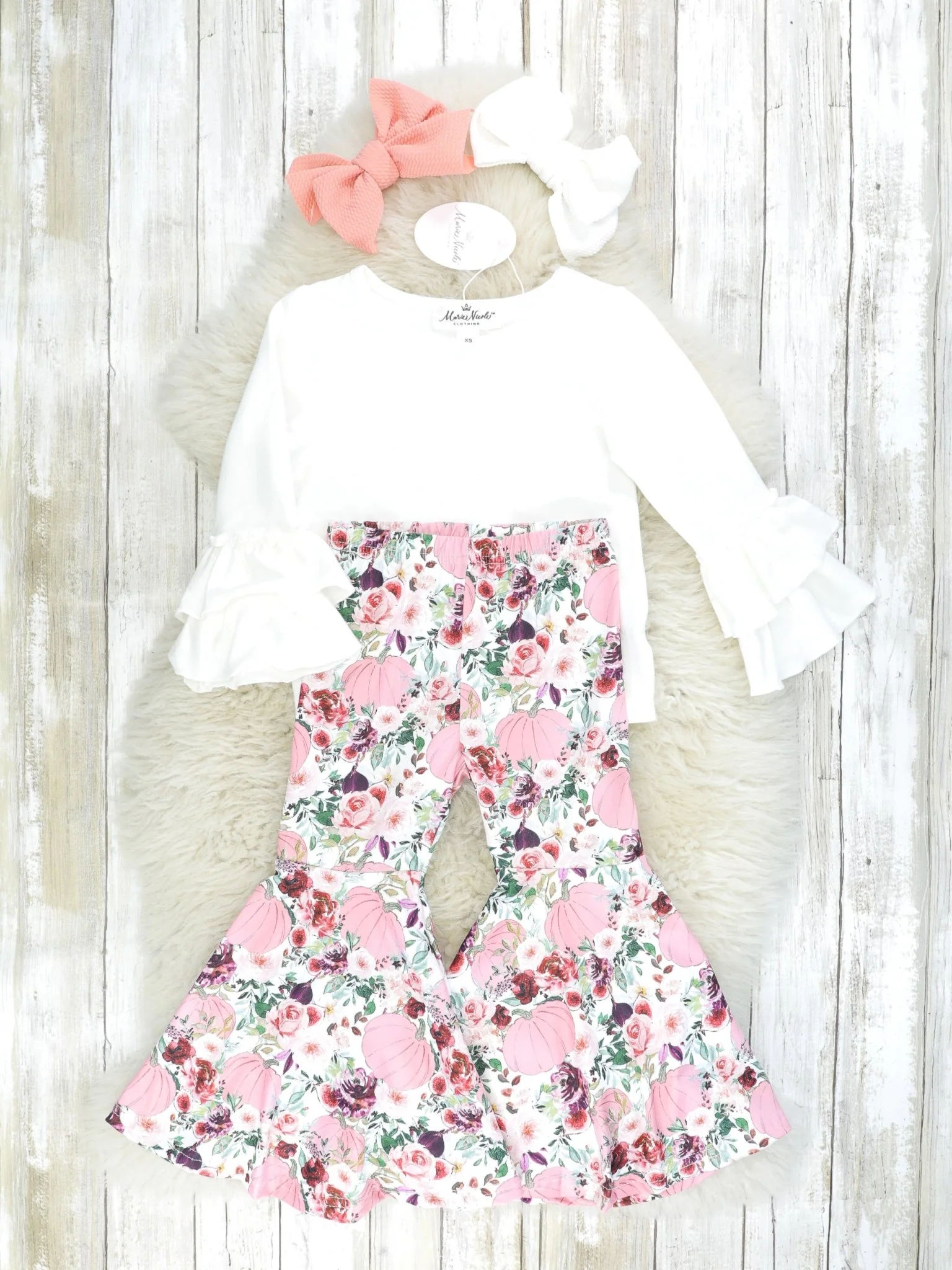 Mauve Fuzzy Vest & Floral Bell Bottoms Outfit - Image 2