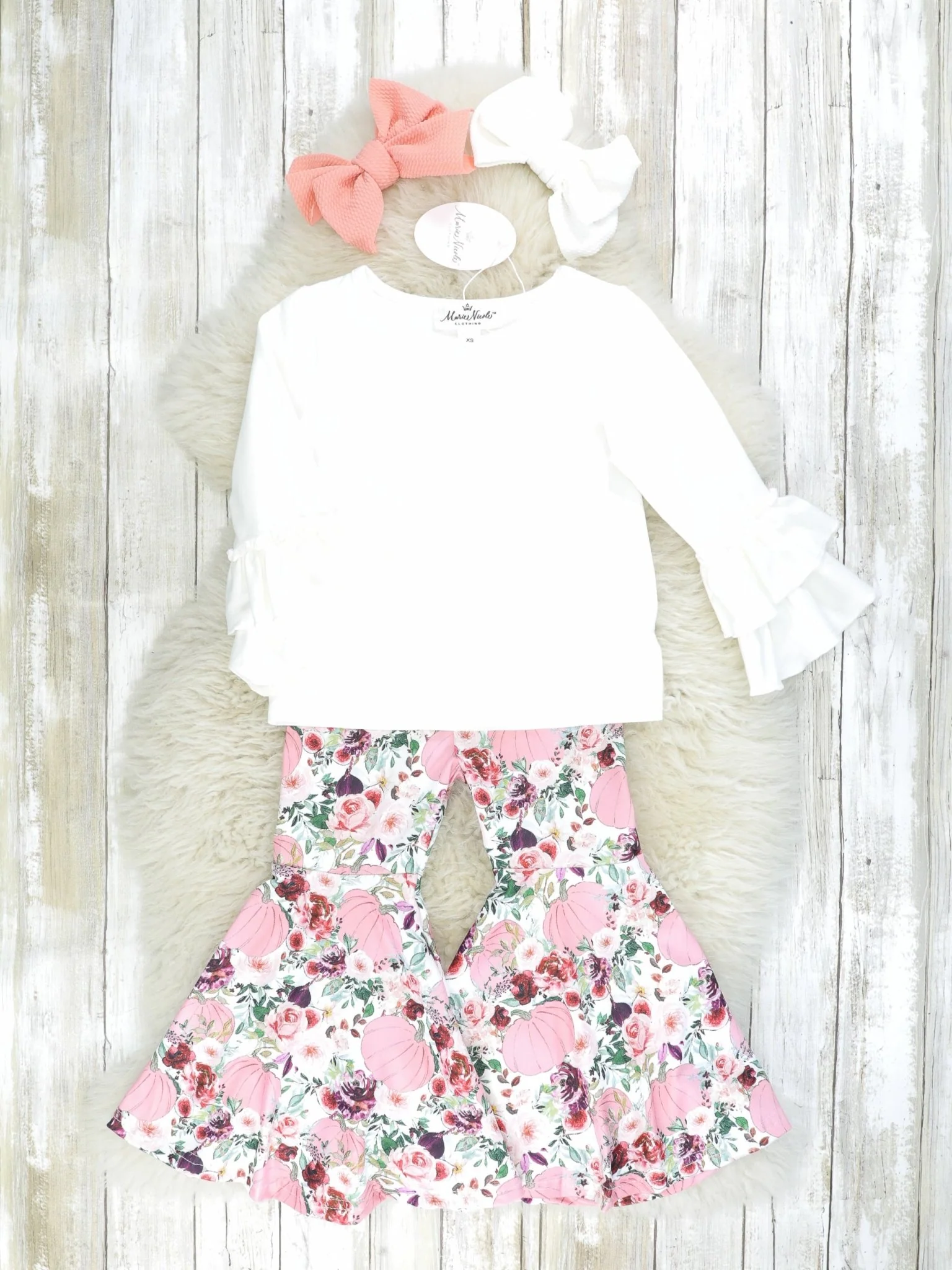 Mauve Fuzzy Vest & Floral Bell Bottoms Outfit - Image 3
