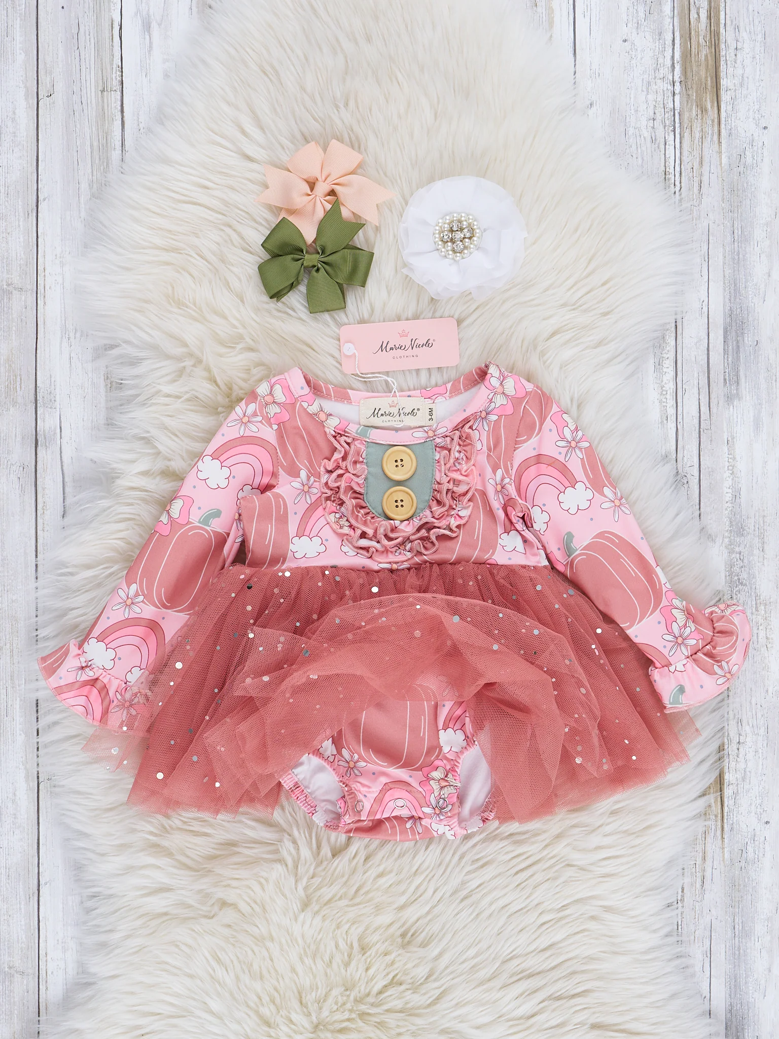 Mauve Rainbows & Pumpkins Sparkle Tulle Romper - Image 2