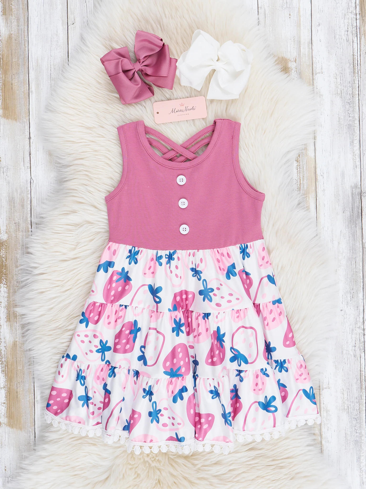 Mauve Strawberry Doodles Ruffle Dress