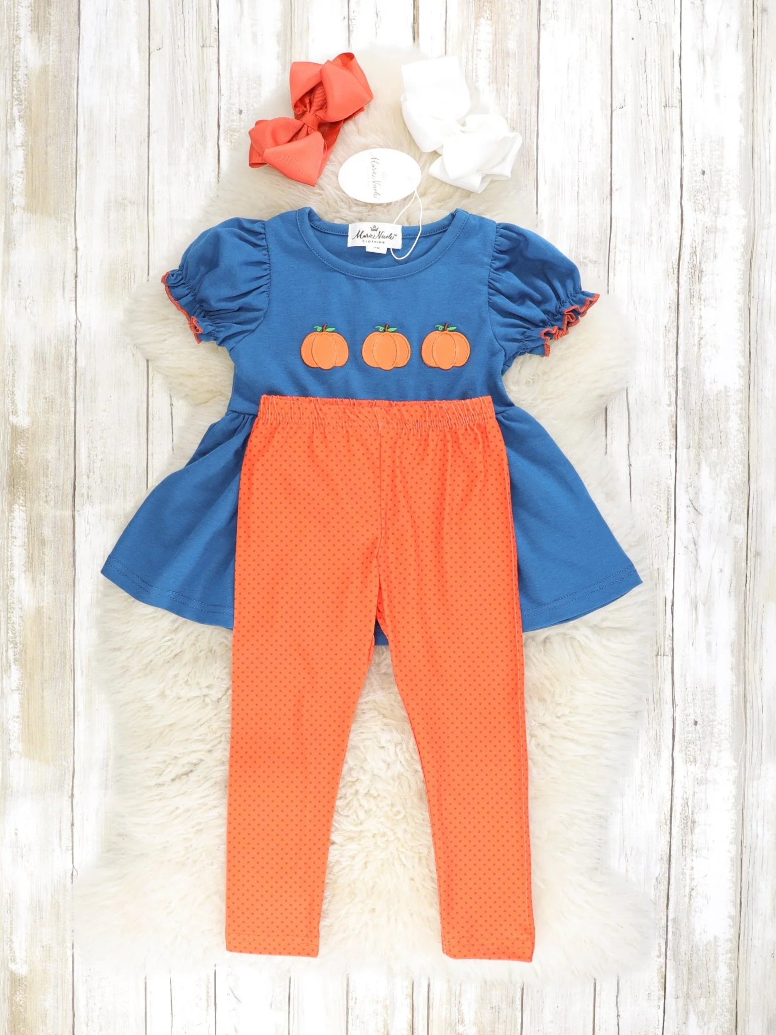 Midnight Blue Pumpkin Peplum Top & Orange Bottoms Outfit - Image 2