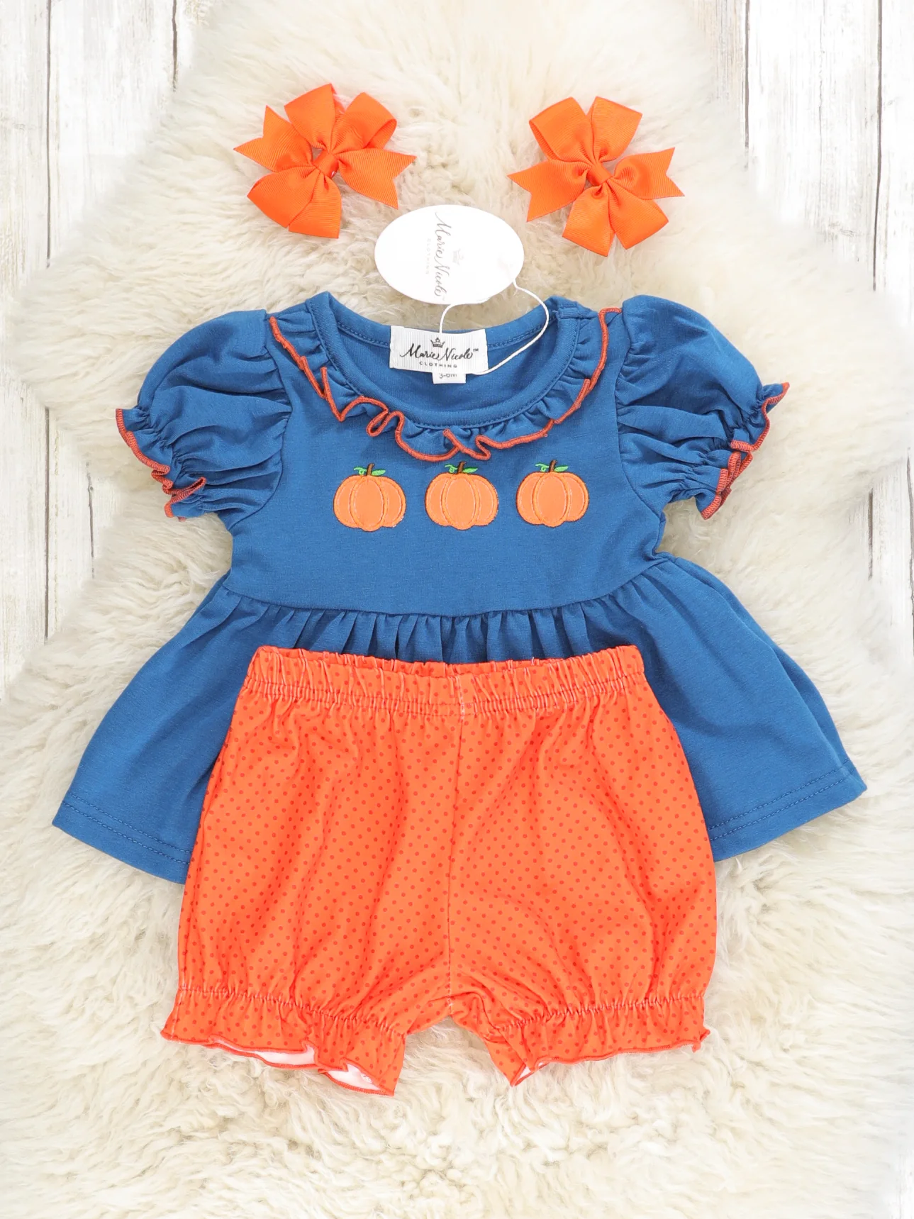 Midnight Blue Pumpkin Ruffle Top & Orange Shorts Outfit - Image 2
