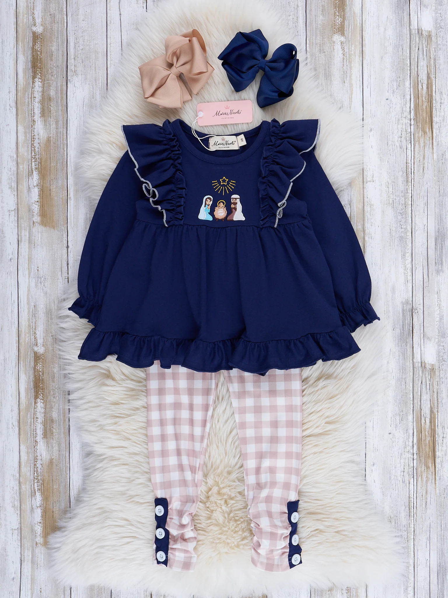Midnight Blue & Tan Gingham Embroidered Nativity Ruffle Outfit