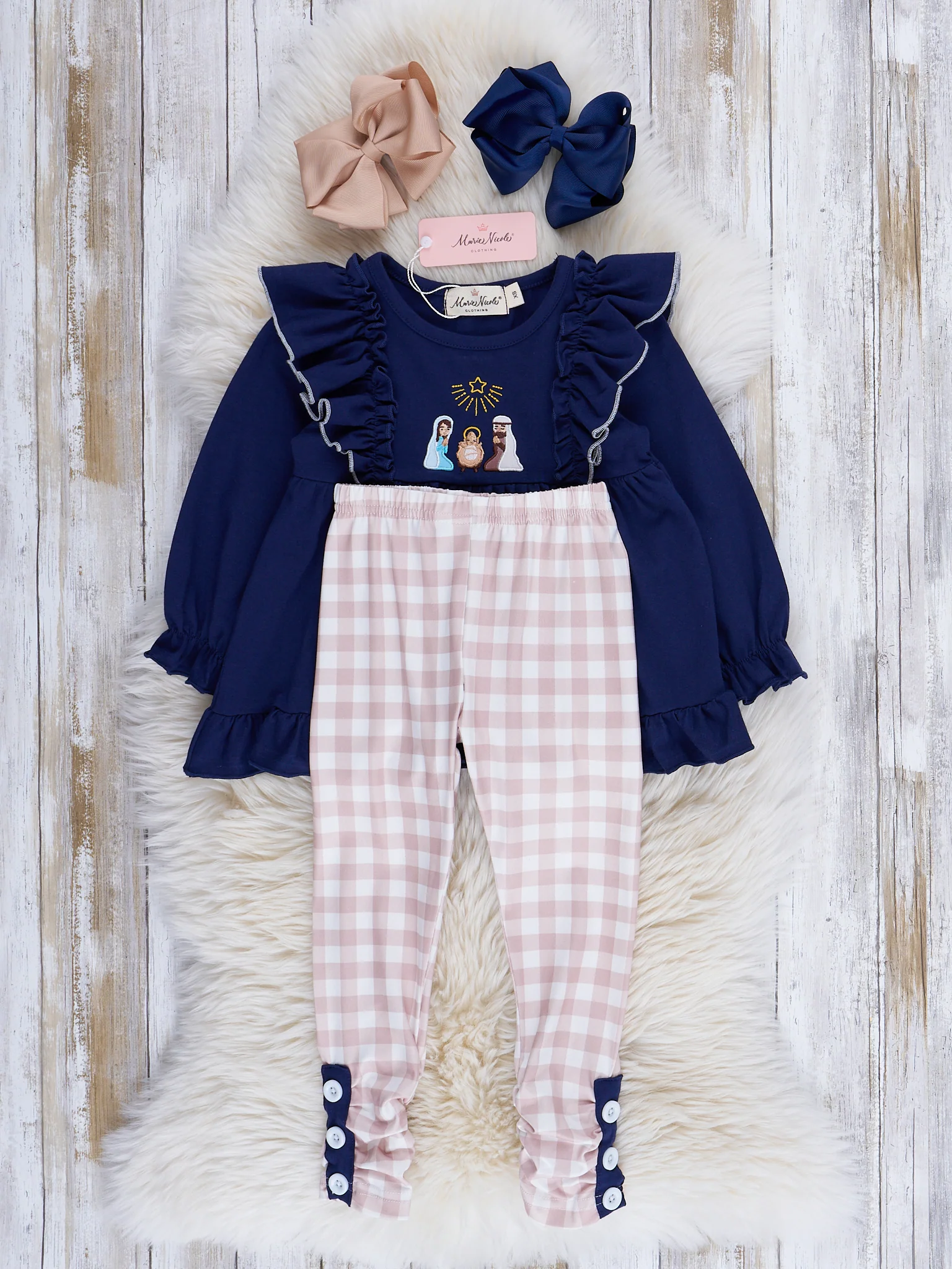 Midnight Blue & Tan Gingham Embroidered Nativity Ruffle Outfit - Image 2