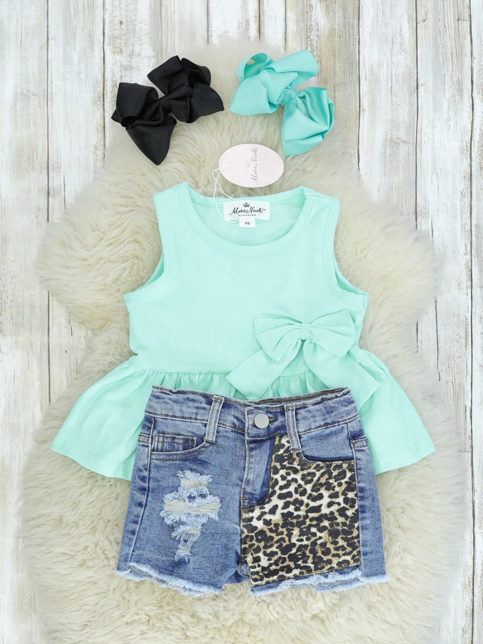 Mint Bow Tank & Distressed Leopard Denim Outfit - Image 2
