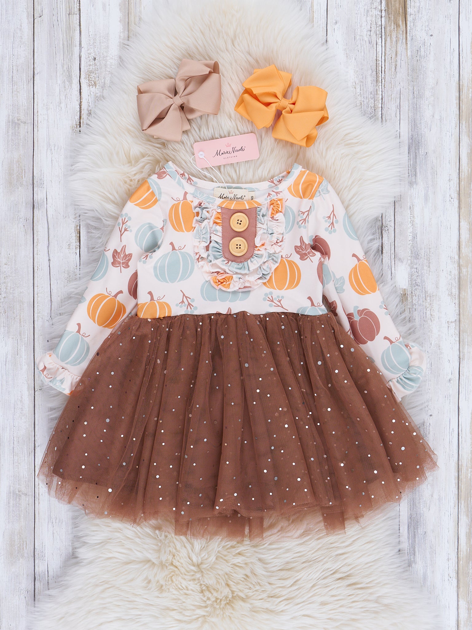 Mint & Brown Pumpkin Garden Sparkle Tulle Dress