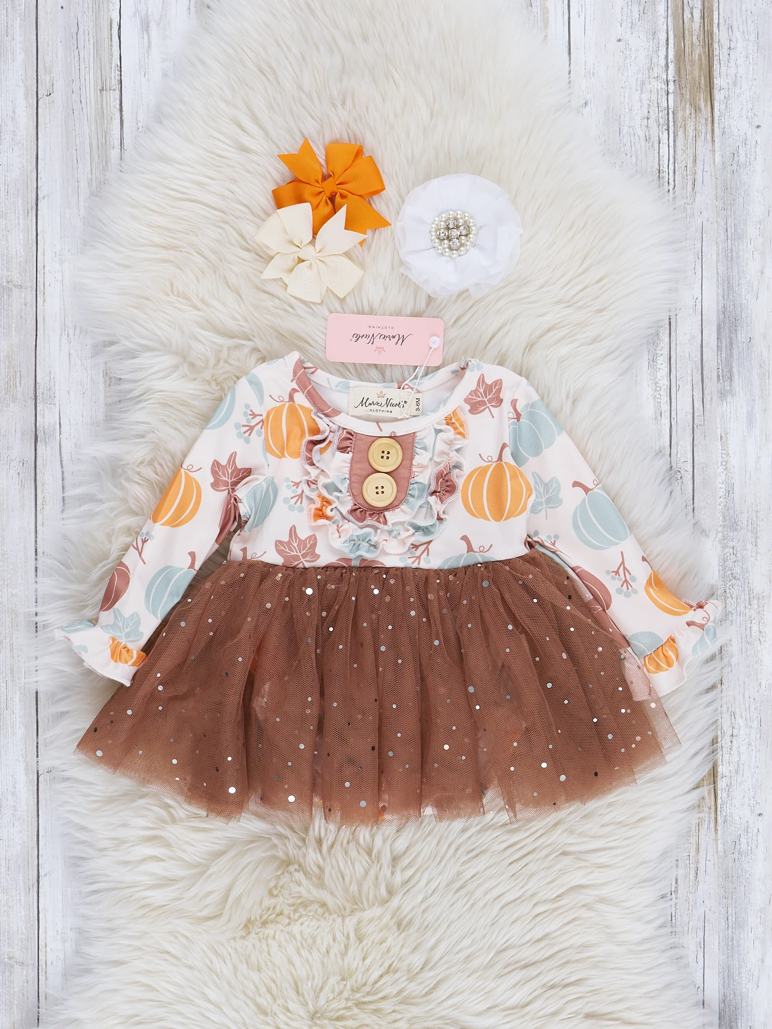 Mint & Brown Pumpkin Garden Sparkle Tulle Romper