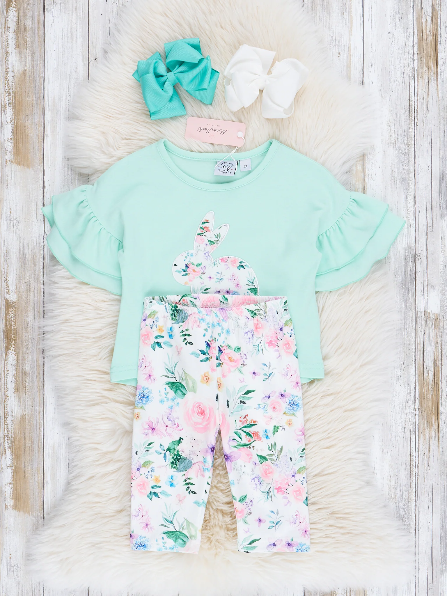 Mint Bunny Ruffle Top & Rose Bottoms Outfit - Image 3
