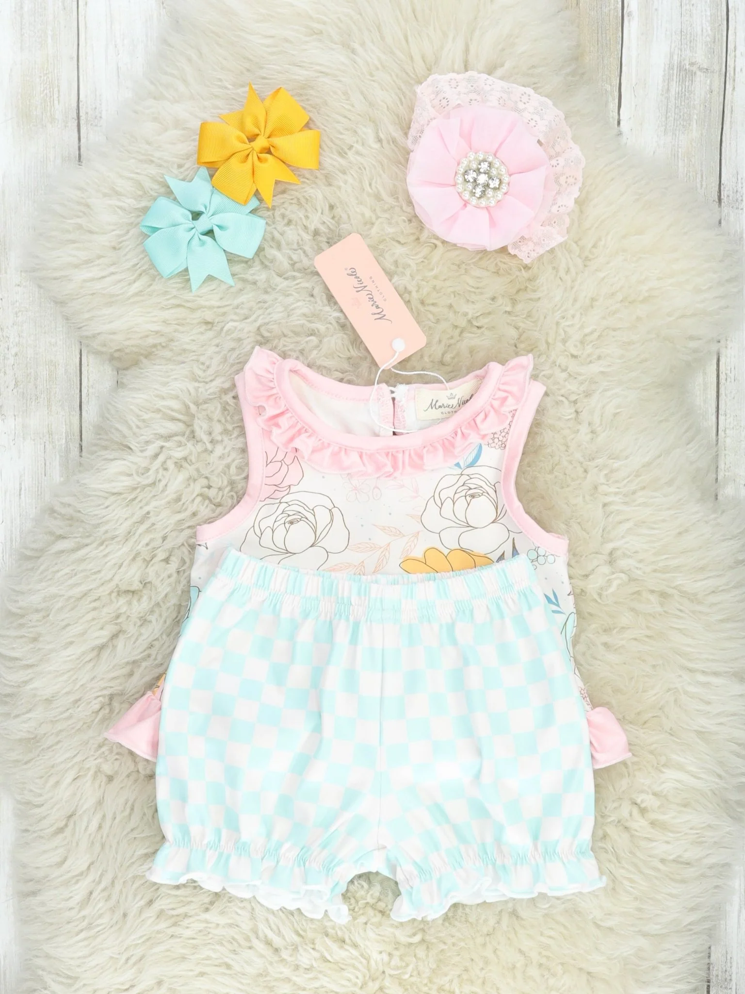 Mint Checkered Floral Bloomers Outfit - Image 2