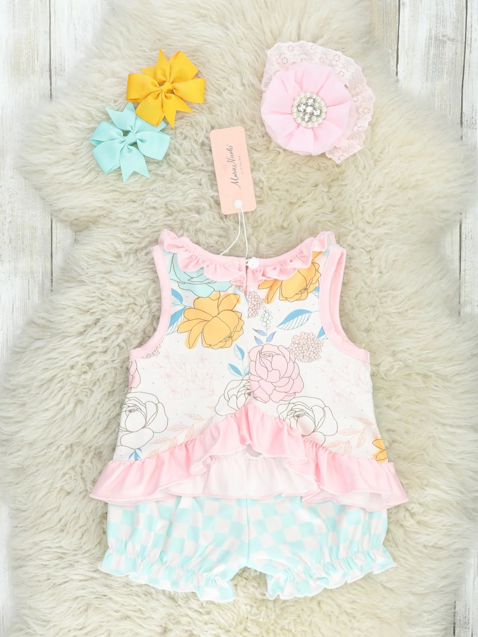 Mint Checkered Floral Bloomers Outfit - Image 3