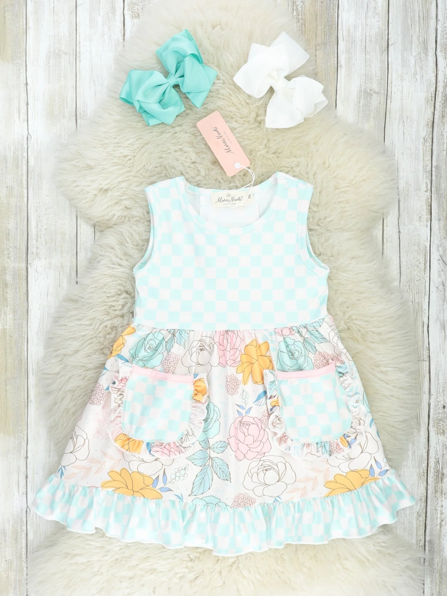 Mint Checkered Floral Ruffle Dress