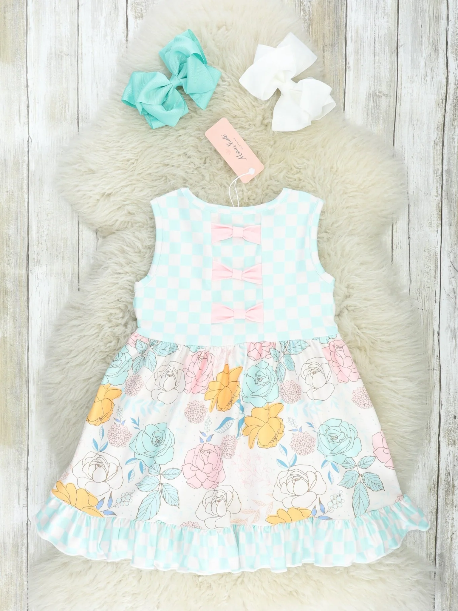 Mint Checkered Floral Ruffle Dress - Image 2