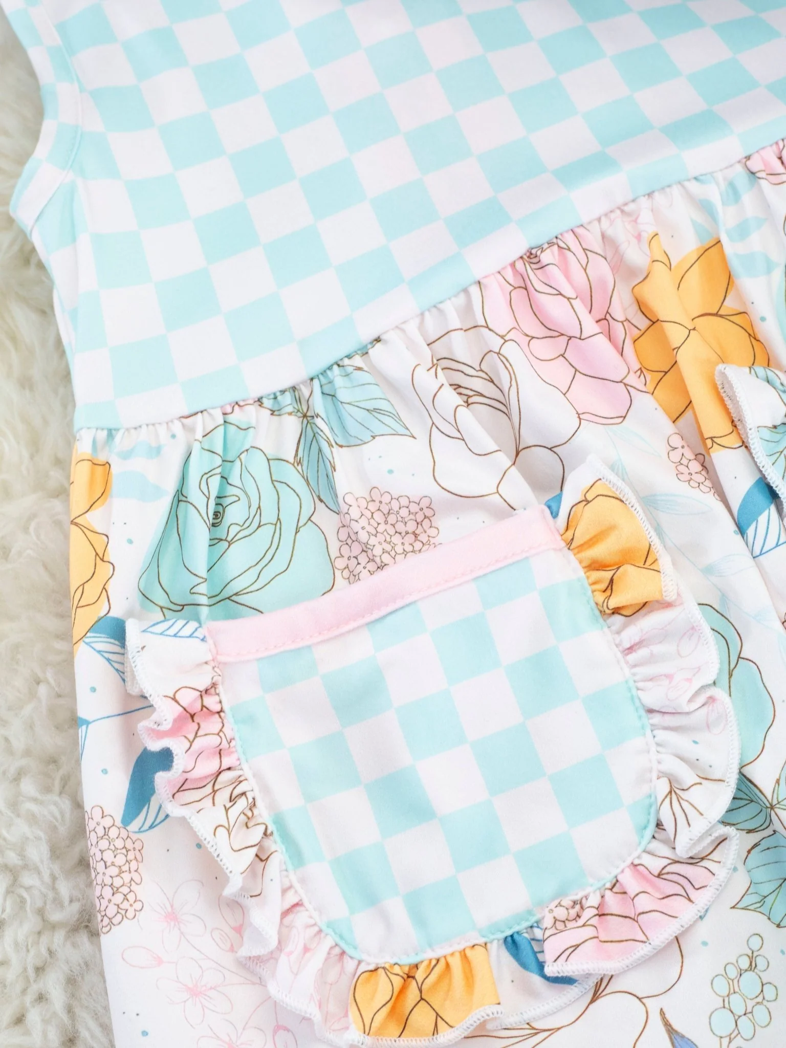 Mint Checkered Floral Ruffle Dress - Image 3