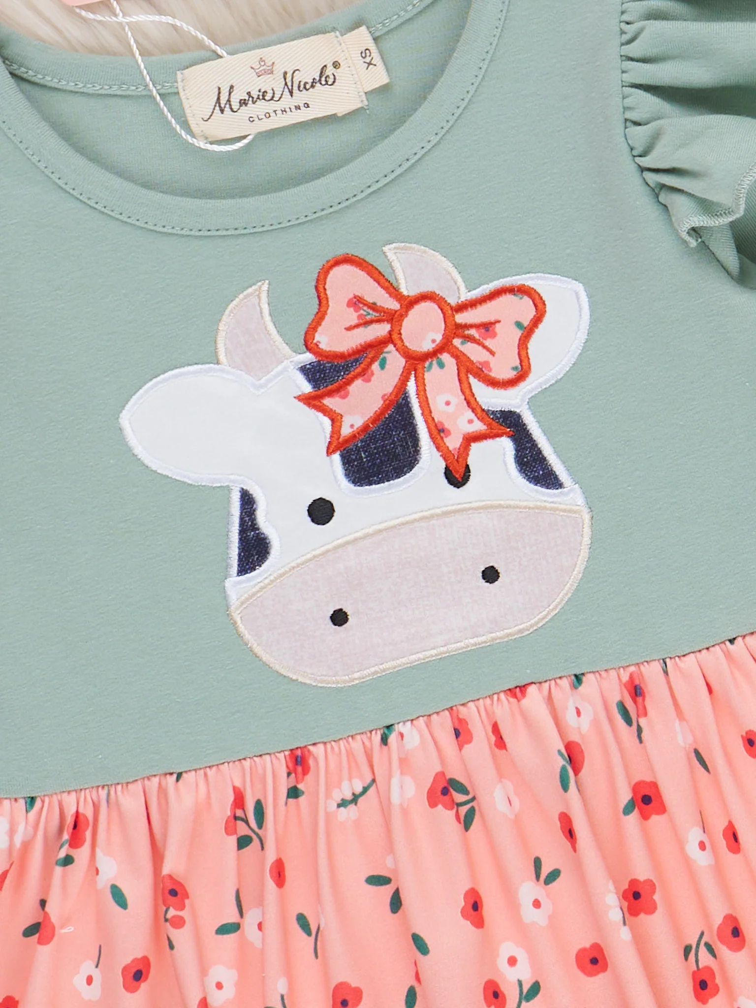 Mint & Coral Embroidered Cow Floral Ruffle Dress - Image 3