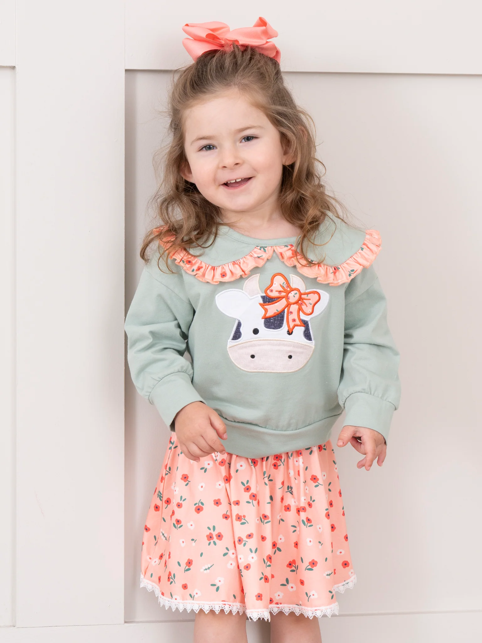 Mint & Coral Embroidered Cow Floral Ruffle Outfit w/ Skirt