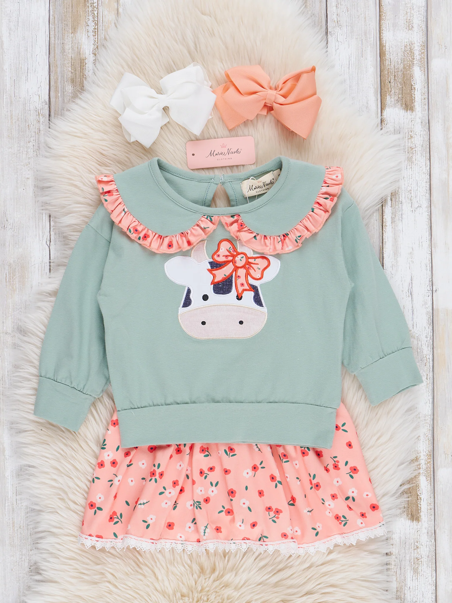 Mint & Coral Embroidered Cow Floral Ruffle Outfit w/ Skirt - Image 2