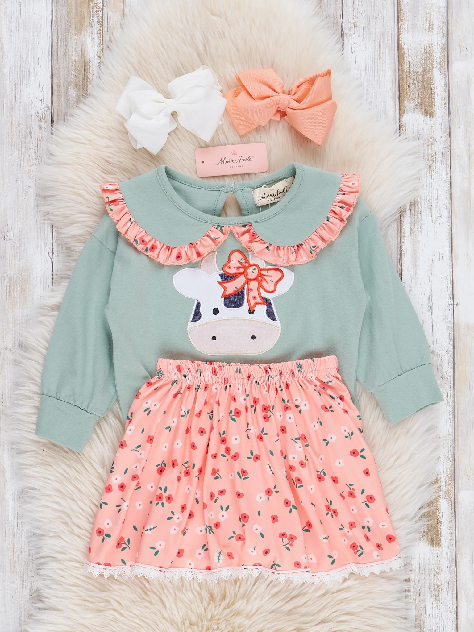 Mint & Coral Embroidered Cow Floral Ruffle Outfit w/ Skirt - Image 3
