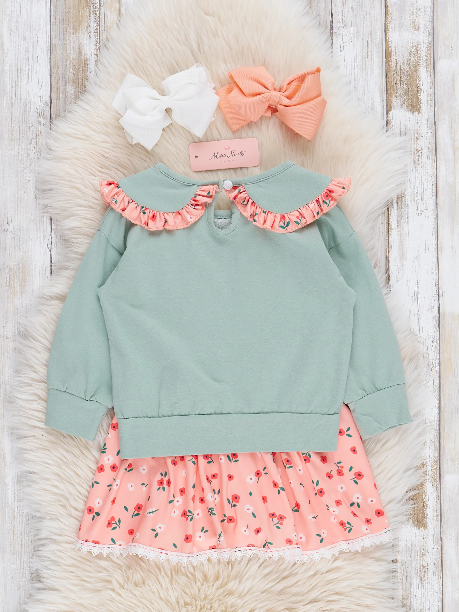 Mint & Coral Embroidered Cow Floral Ruffle Outfit w/ Skirt - Image 4