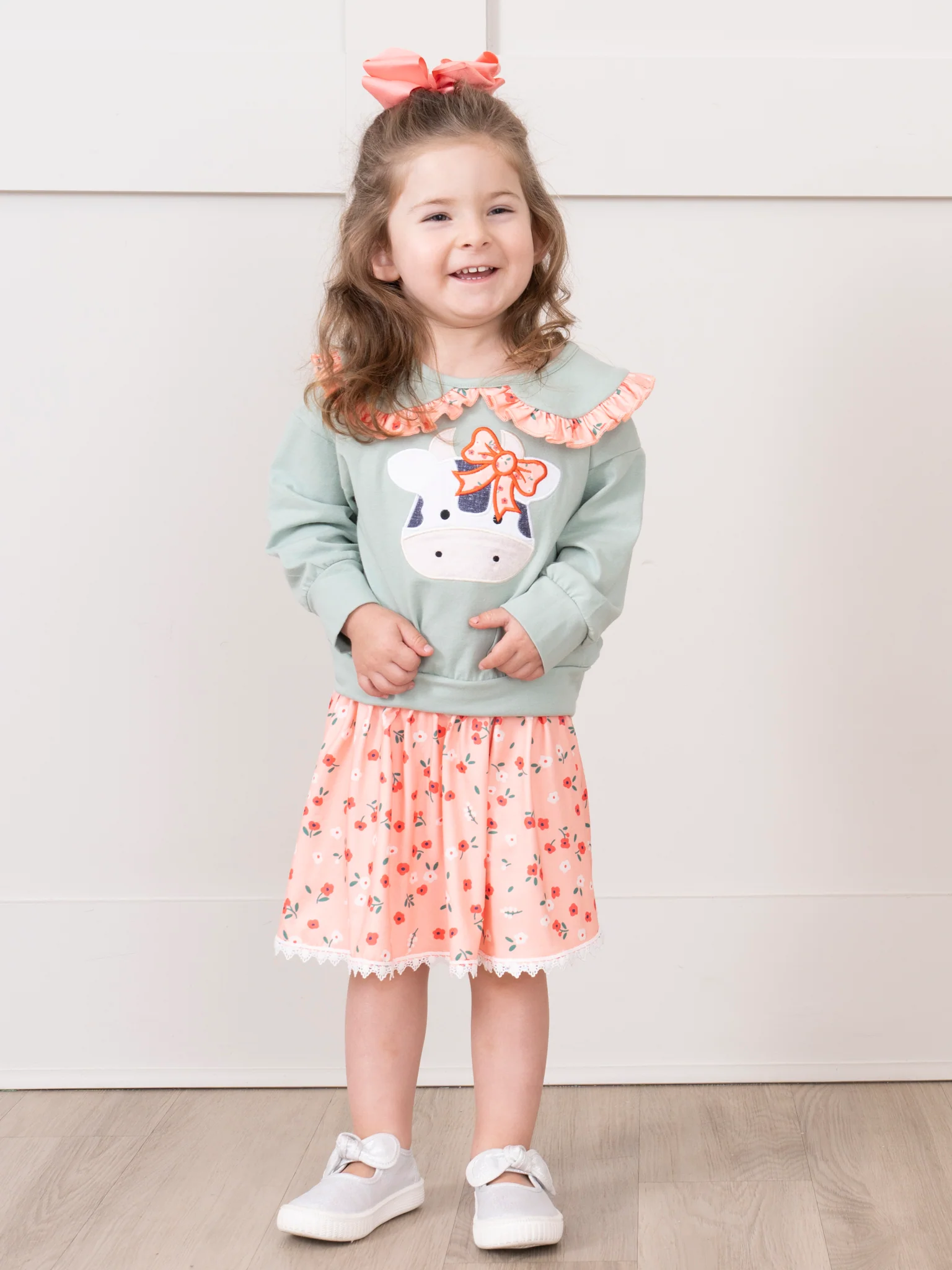 Mint & Coral Embroidered Cow Floral Ruffle Outfit w/ Skirt - Image 5