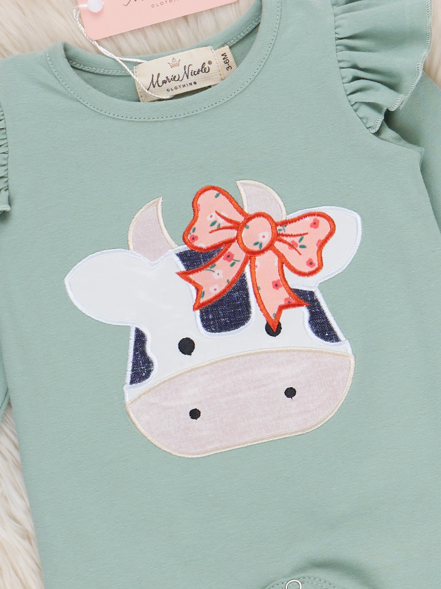 Mint & Coral Embroidered Cow Floral Ruffle Romper - Image 3