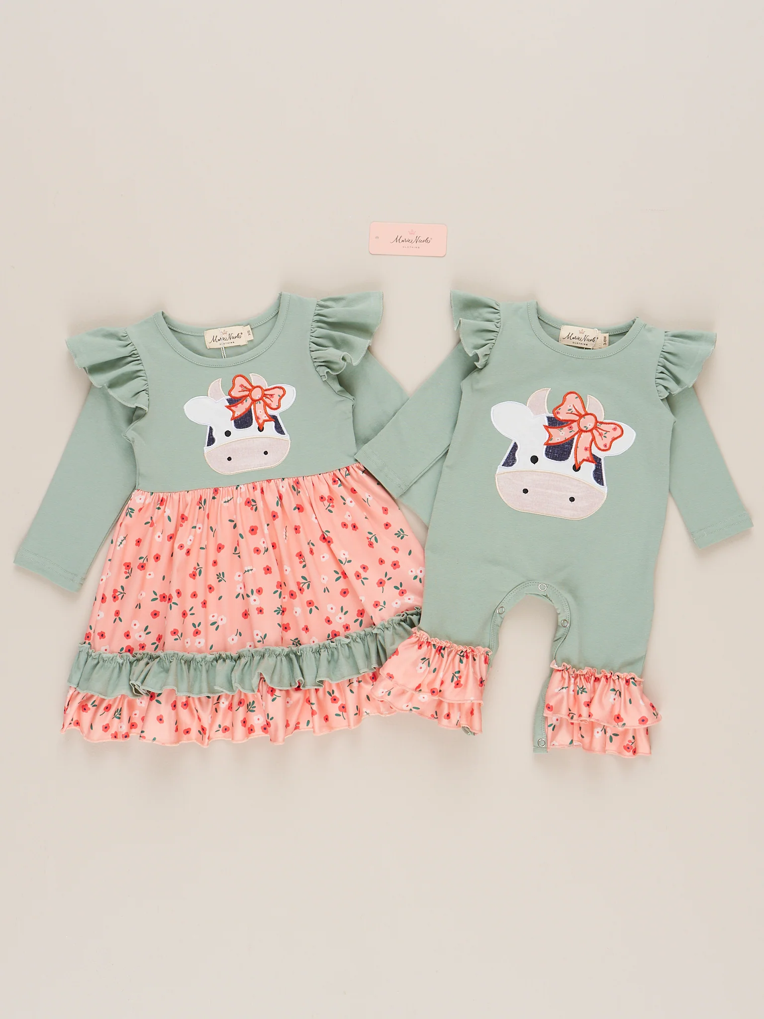 Mint & Coral Embroidered Cow Floral Ruffle Romper - Image 4