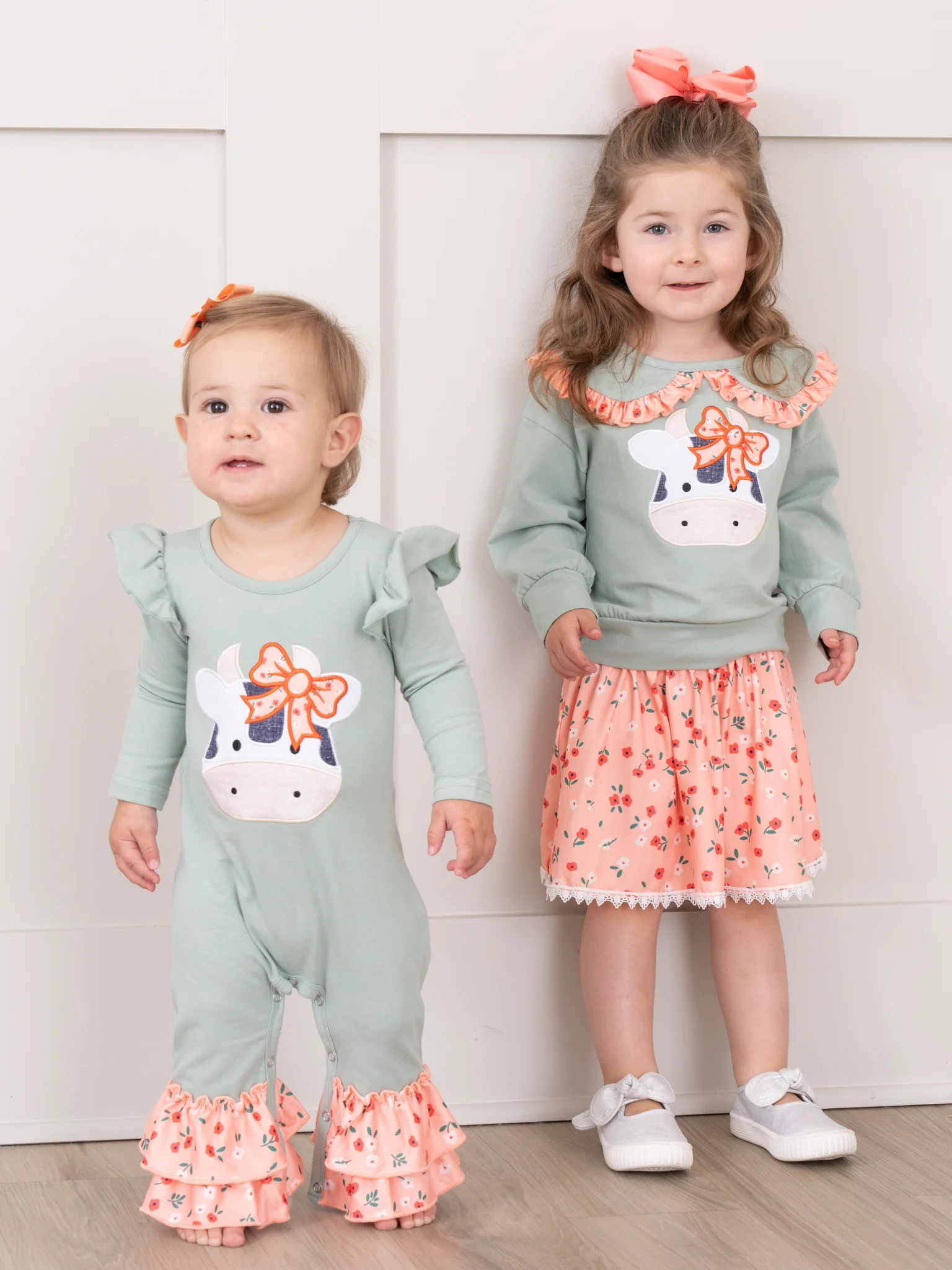 Mint & Coral Embroidered Cow Floral Ruffle Romper - Image 5