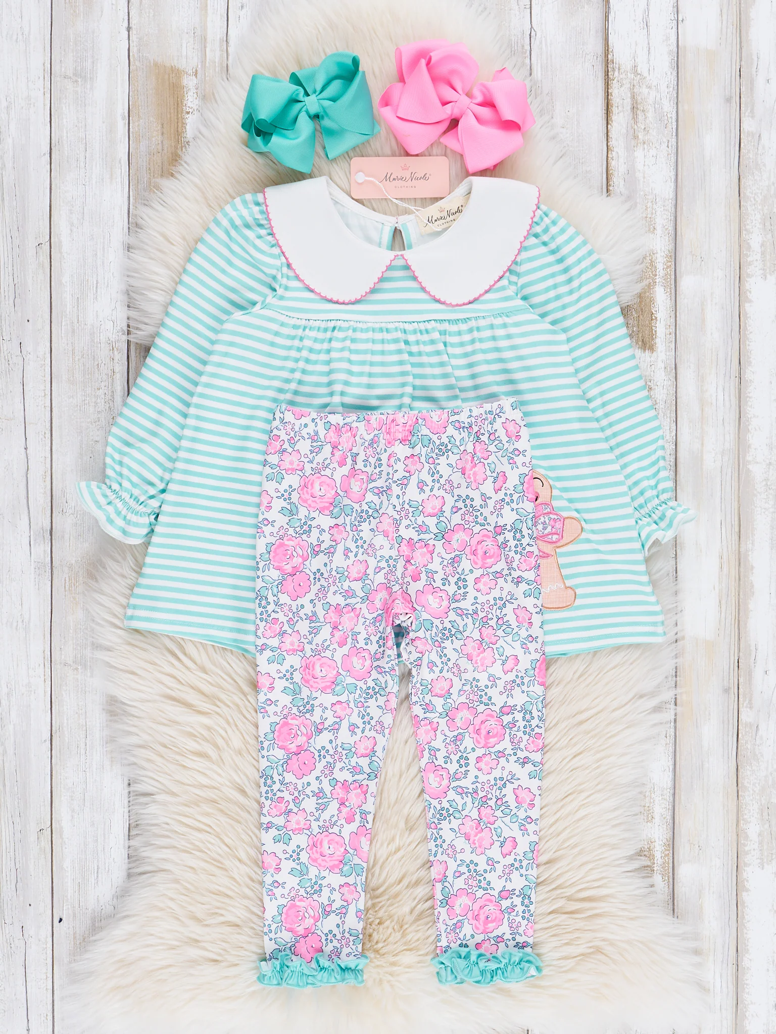 Mint Embroidered Gingerbread Striped Outfit - Image 3