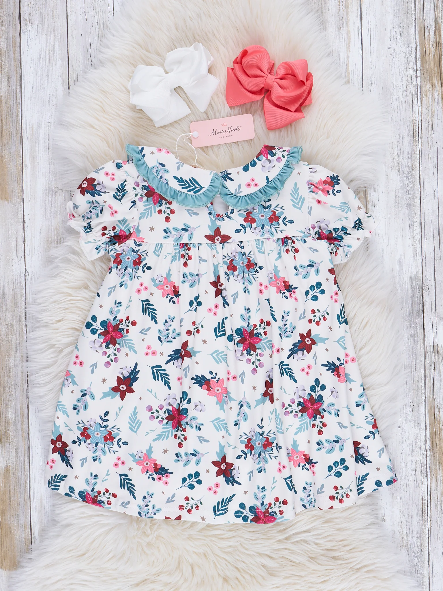 Mint Embroidered Poinsettias Ruffle Dress - Image 2