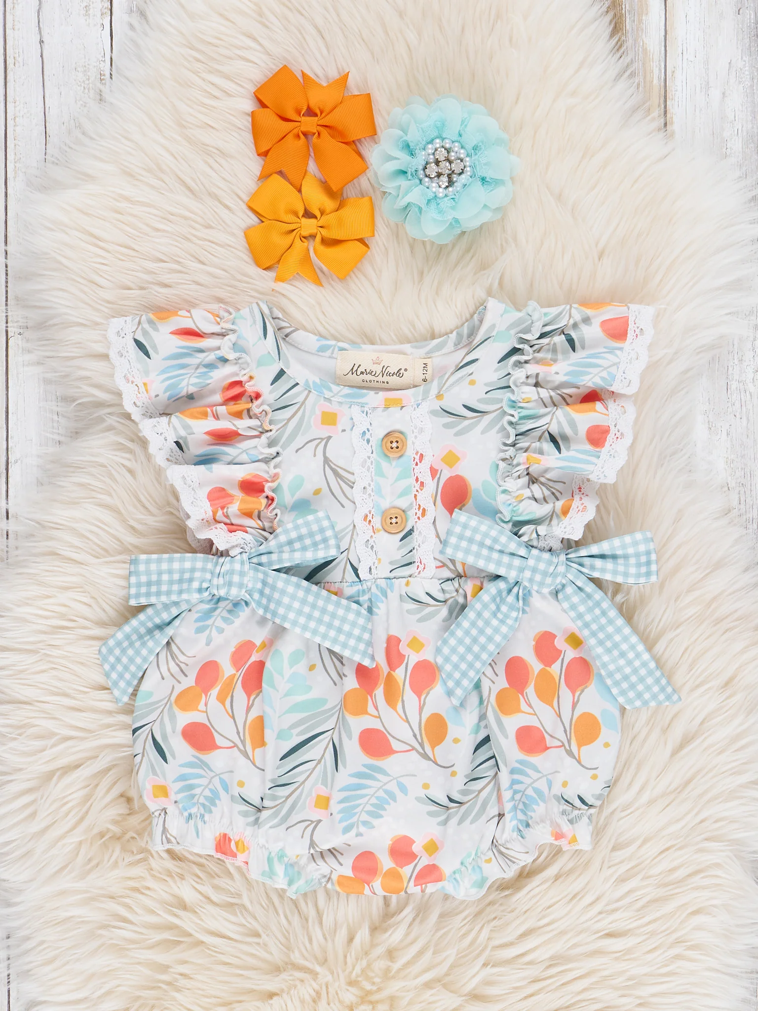 Botanical Blue Gingham Ruffle Bubble Romper