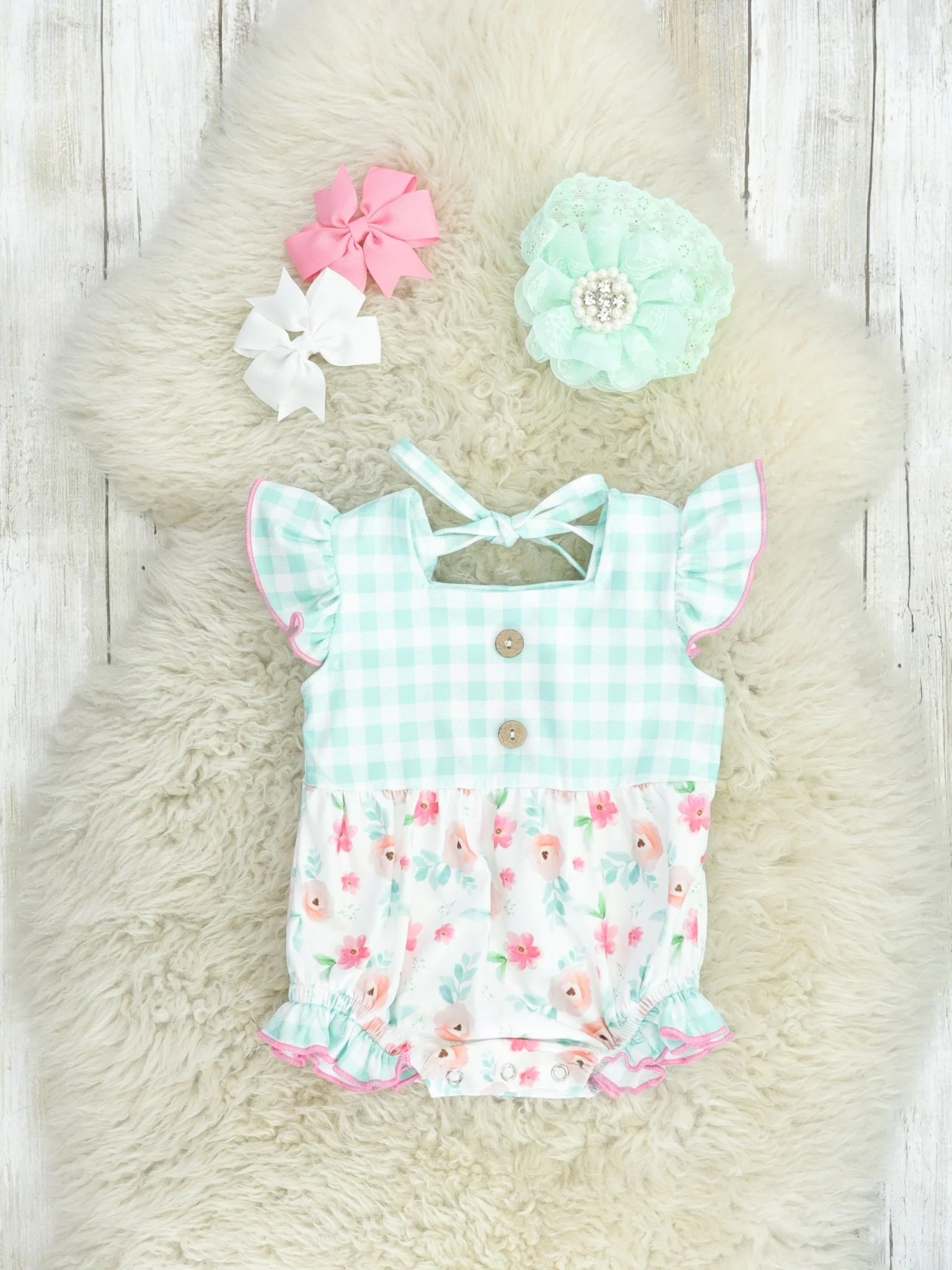 Mint Gingham Floral Ruffle Bubble Romper