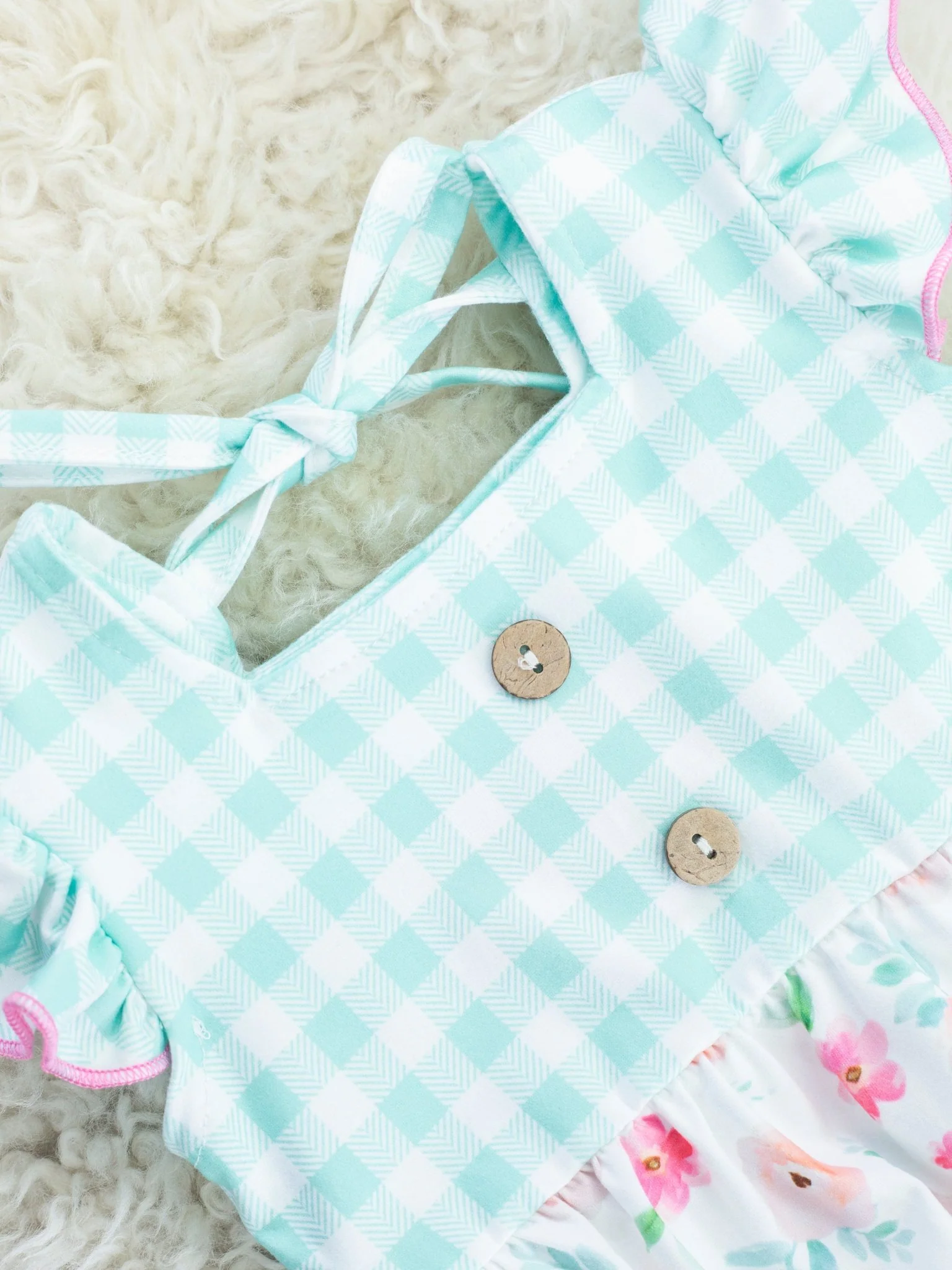 Mint Gingham Floral Ruffle Bubble Romper - Image 2