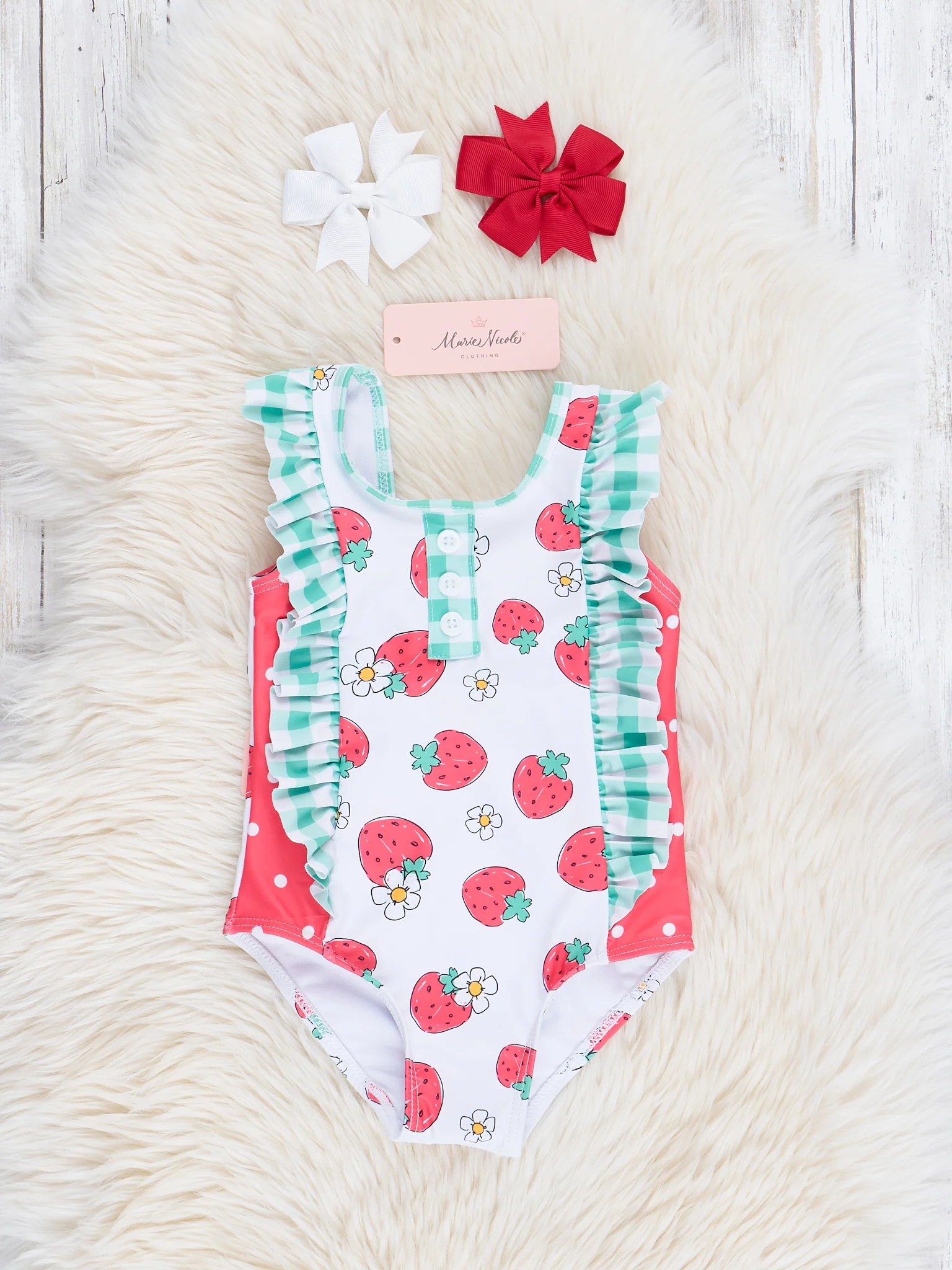 Mint Gingham & Strawberry Dots One-Piece Swimsuit