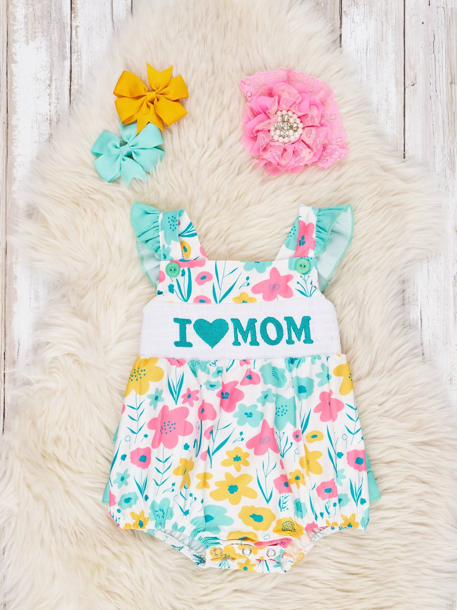 Mint "I Love Mom" Ruffle Romper