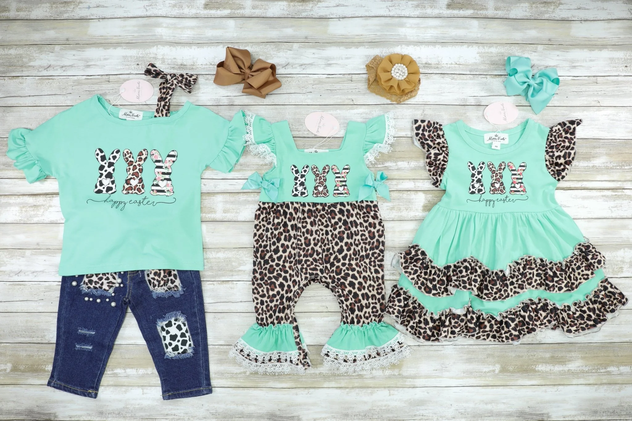 Mint Leopard Bunnies Ruffle Denim Outfit - Image 3