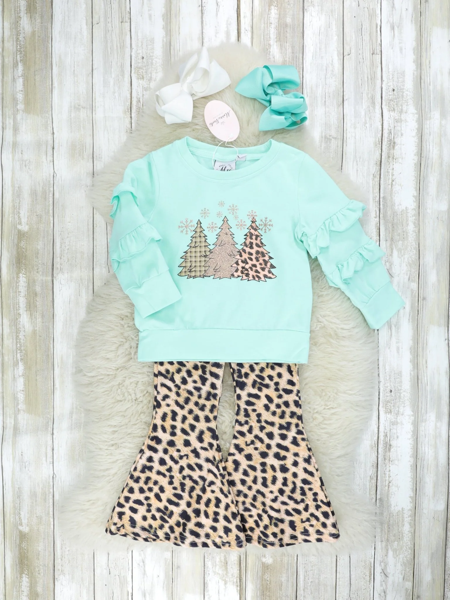 Mint Leopard Christmas Tree Ruffle Outfit
