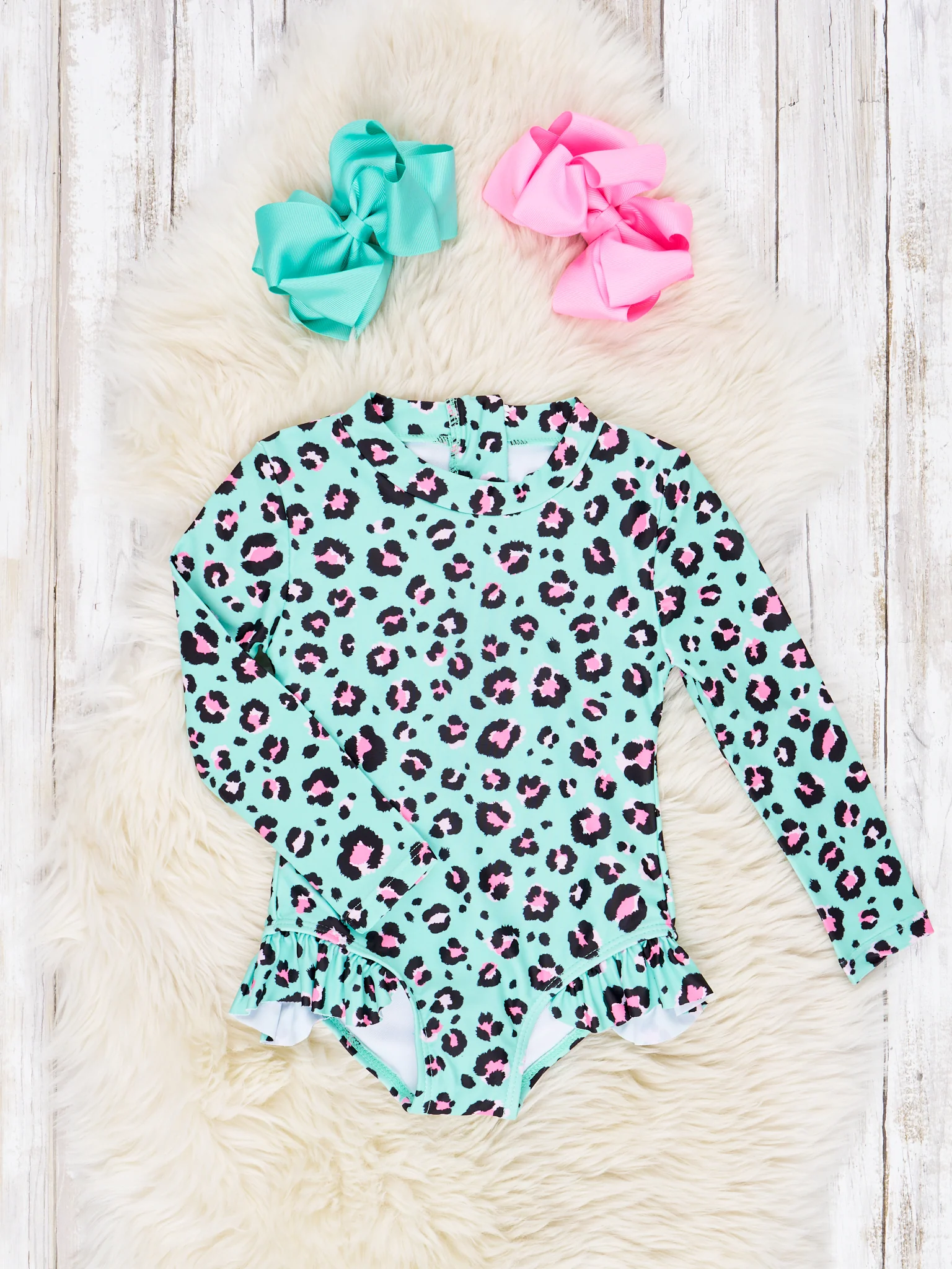 Mint Leopard Ruffle Rash Guard Swimsuit