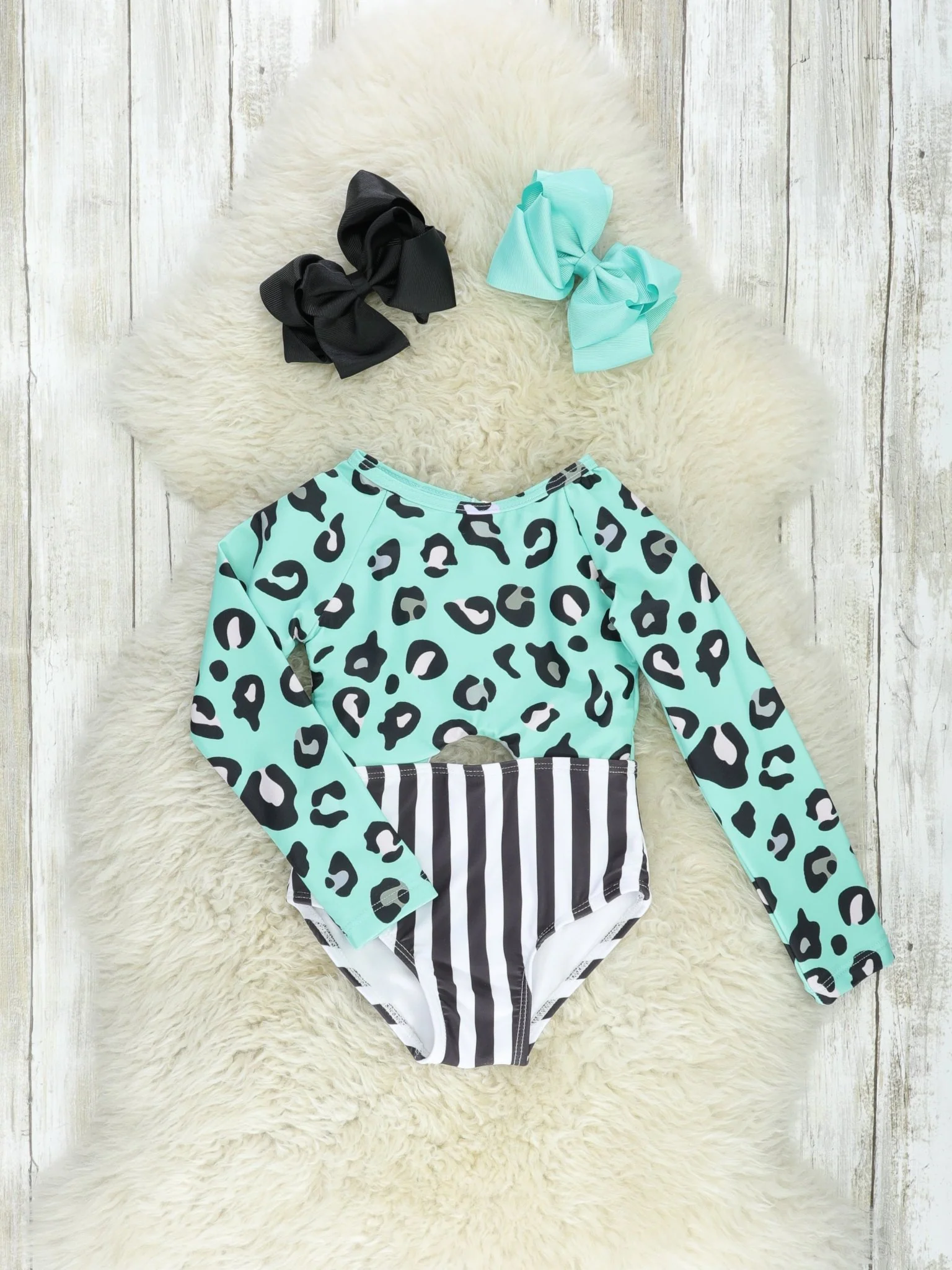 Mint Leopard Striped Rash Guard Swimsuit