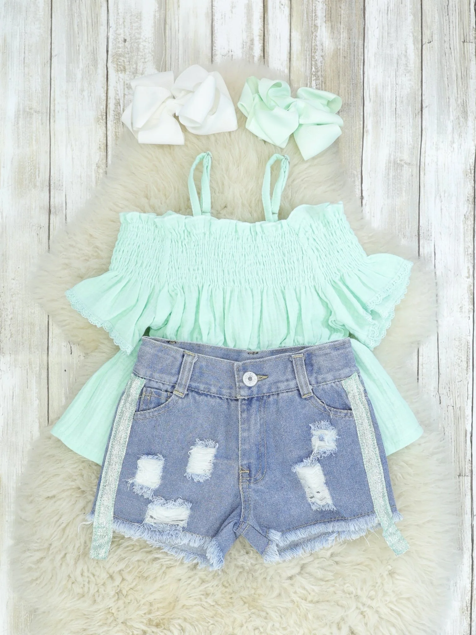 Mint Peplum Top & Distressed Denim Outfit - Image 2