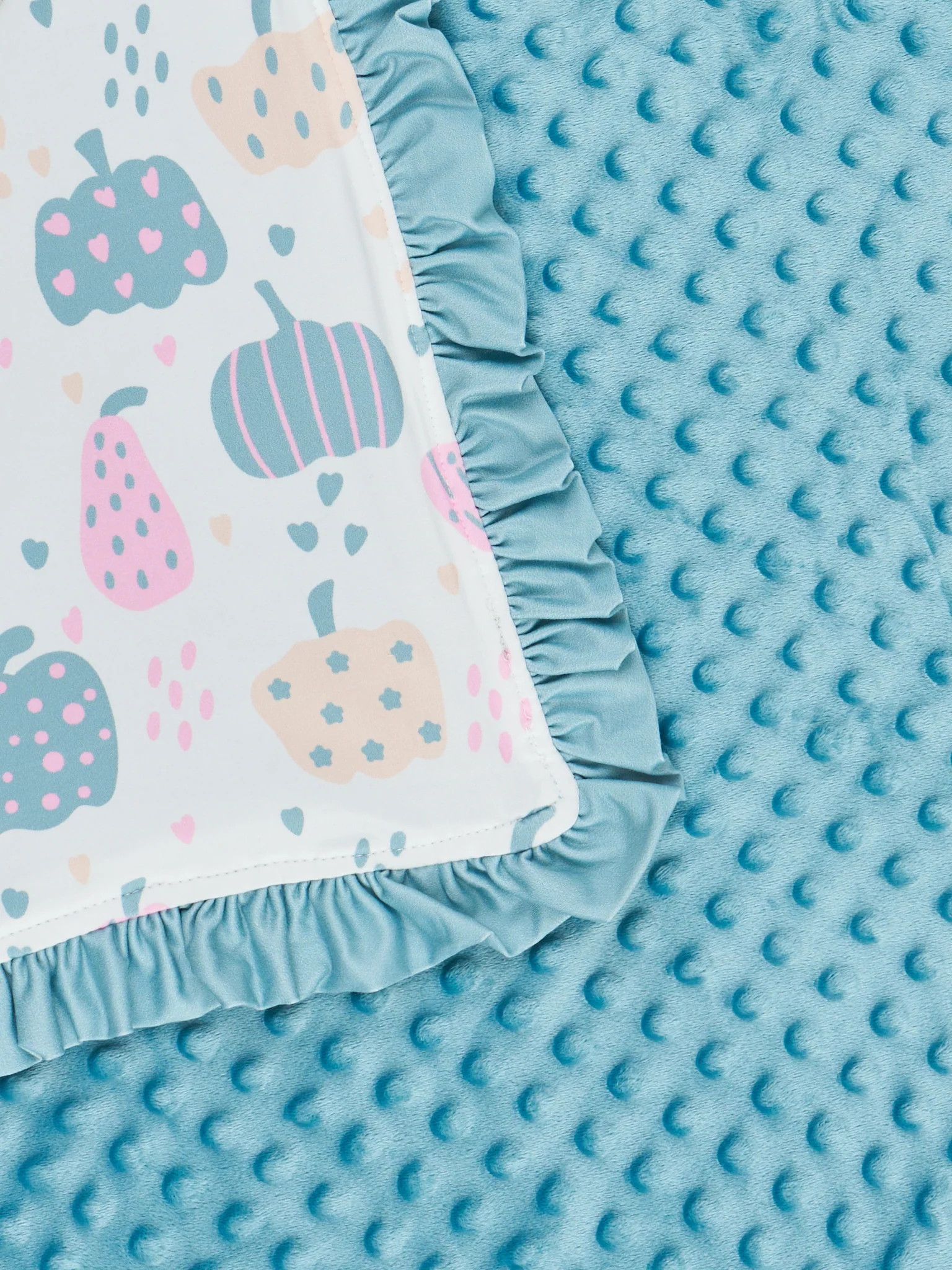 Dusty Blue & Pink Pattern Pumpkin Ruffle Minky Blanket - Image 2