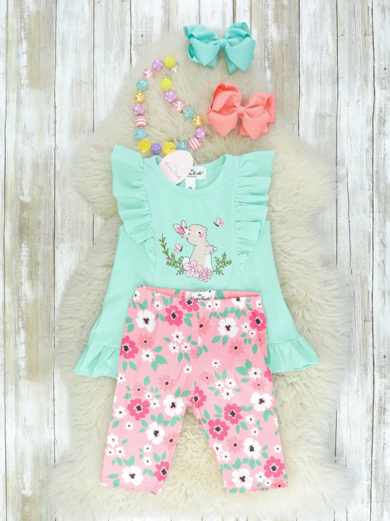 Mint & Pink Ruffle Tunic Floral Pants Outfit - Image 2