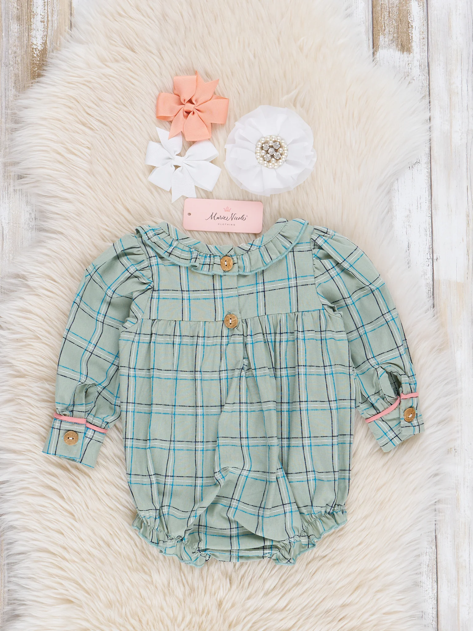 Mint Plaid Embroidered Cow Bubble Romper - Image 3