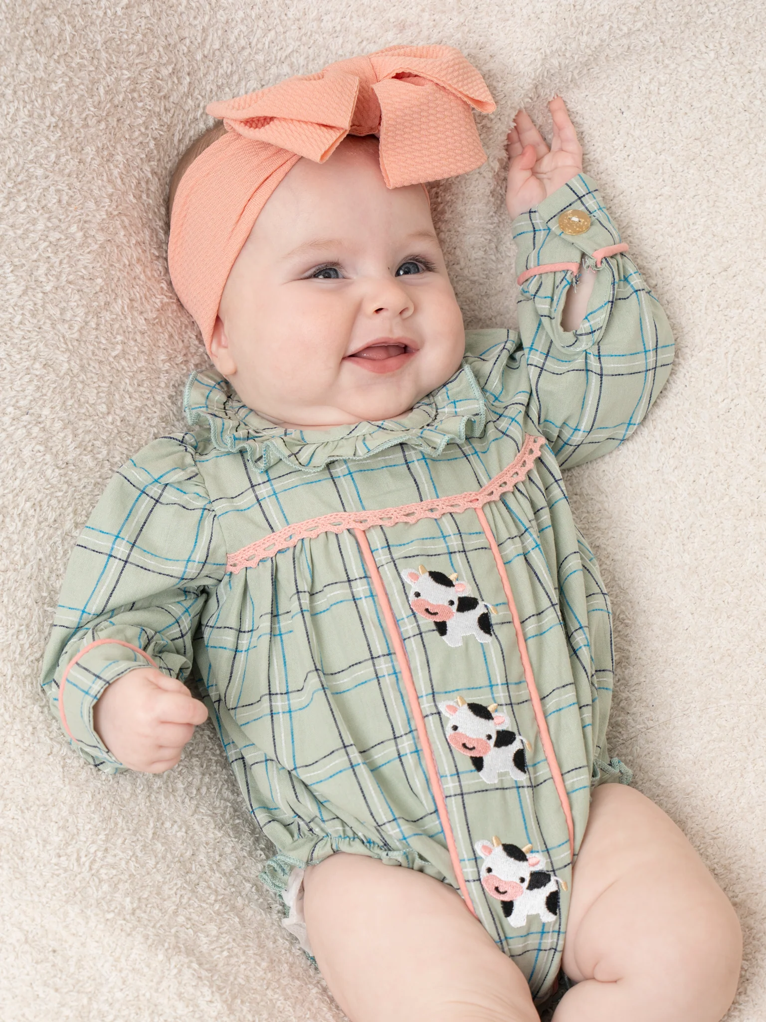 Mint Plaid Embroidered Cow Bubble Romper - Image 4