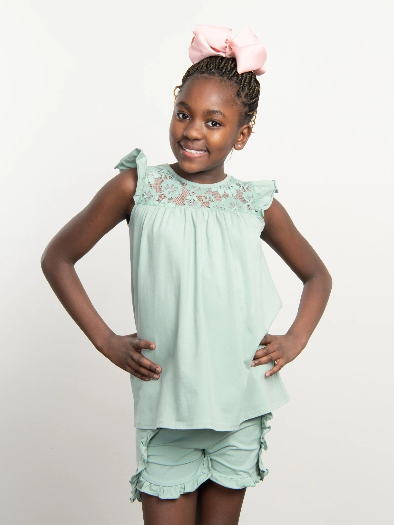 Mint Ruffle Trim Cotton Shorts - Image 2