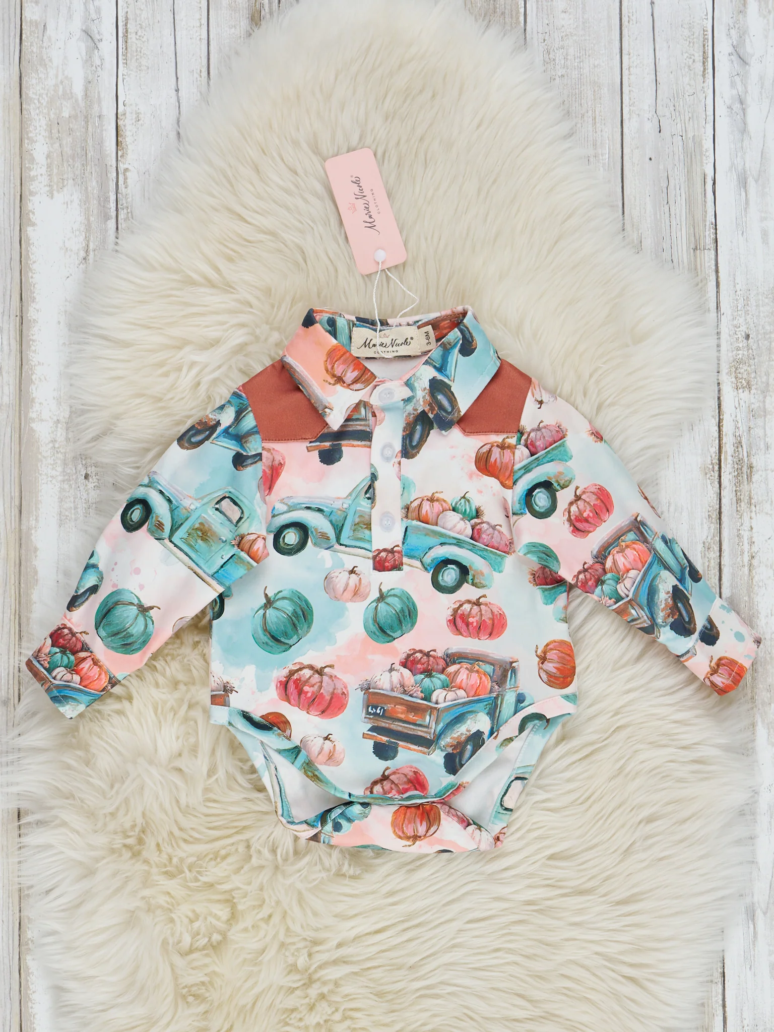Minty Pumpkin Truck & Patches Button Up Romper