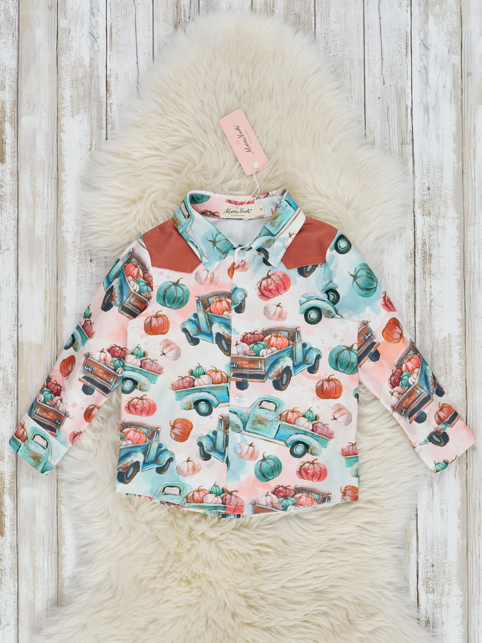 Minty Pumpkin Truck & Patches Button Up Shirt