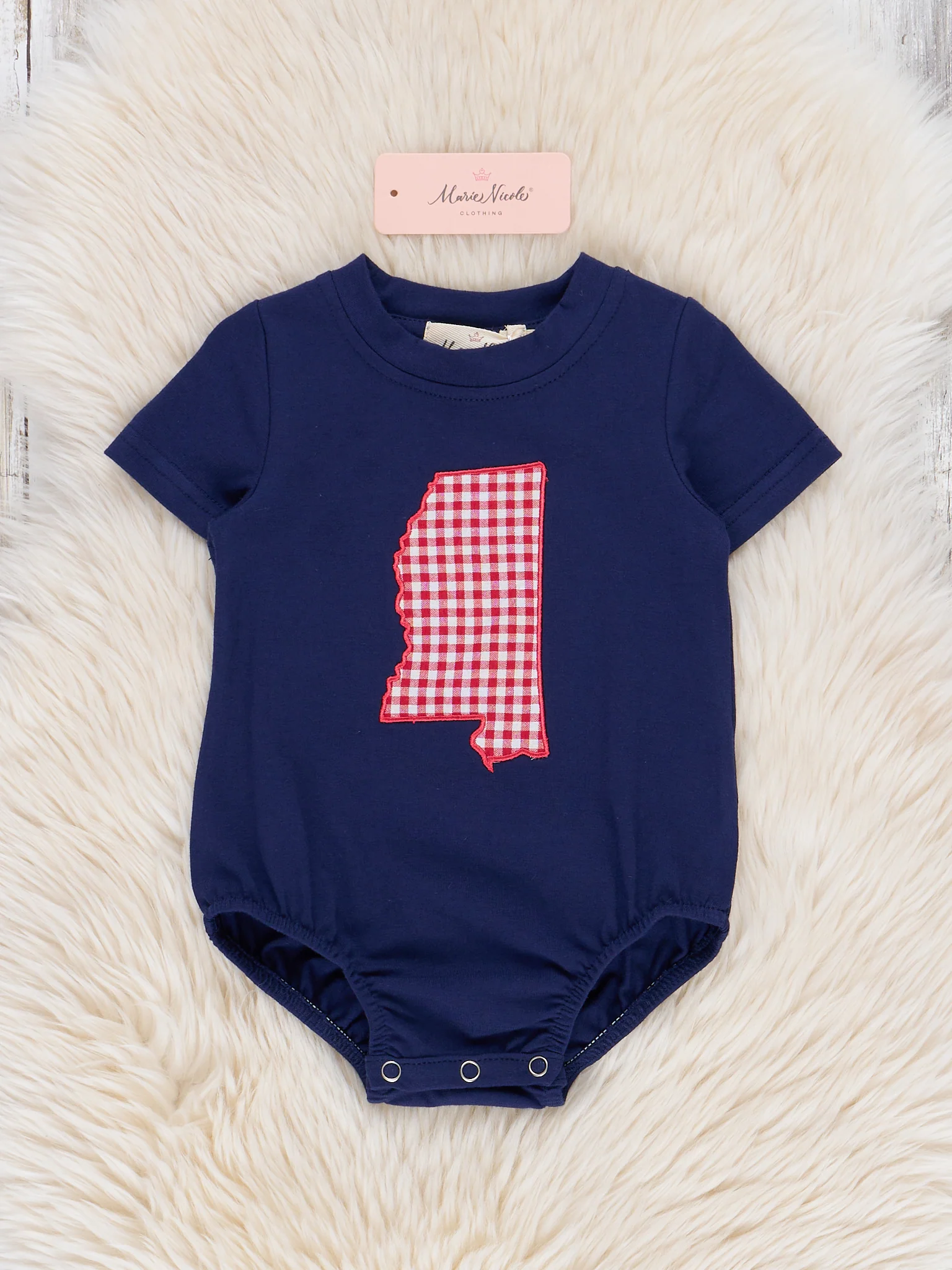 Mississippi Embroidered Gingham Bubble Romper
