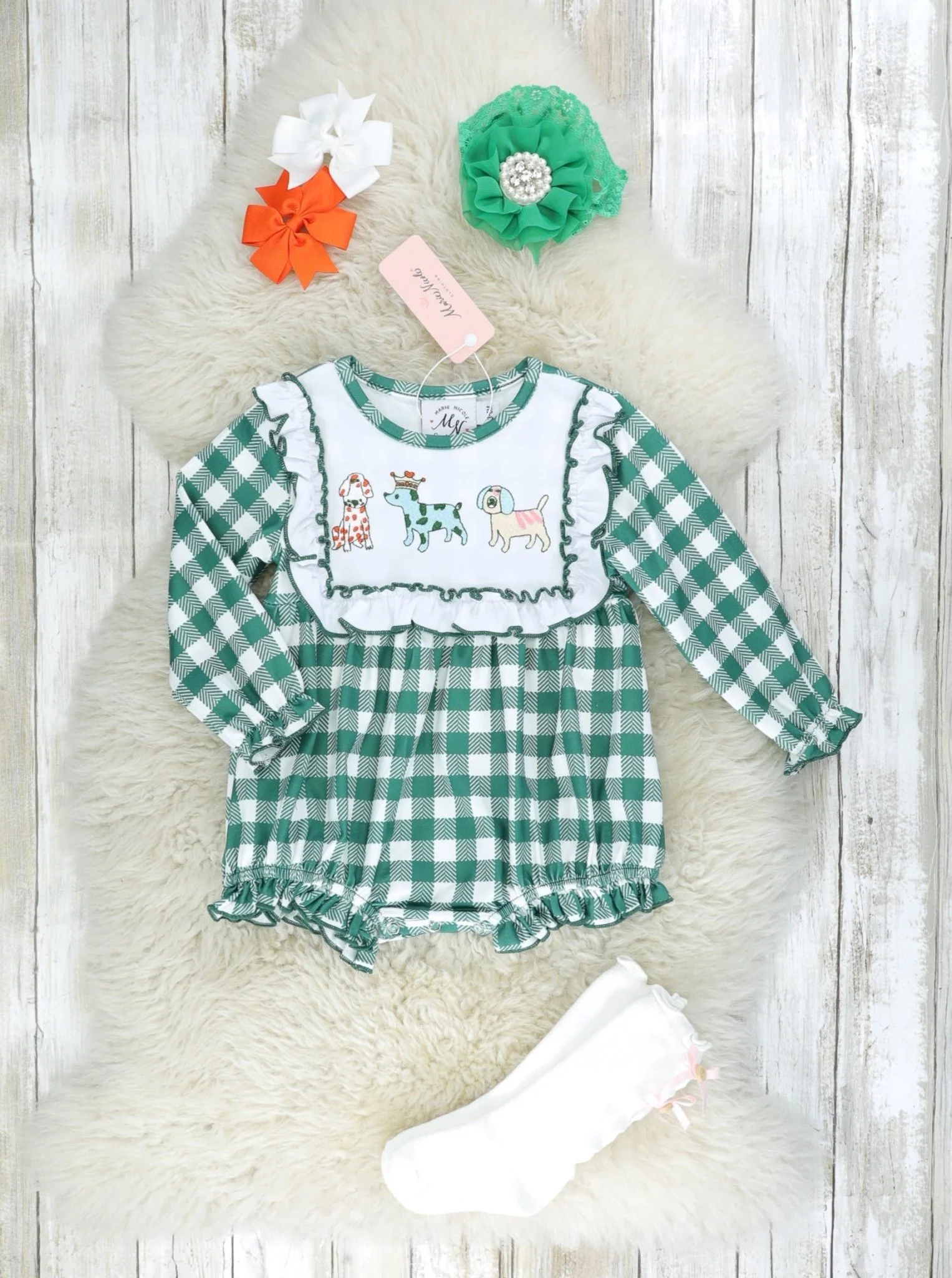 MNC Royal Pups™ Green Gingham Ruffle Romper