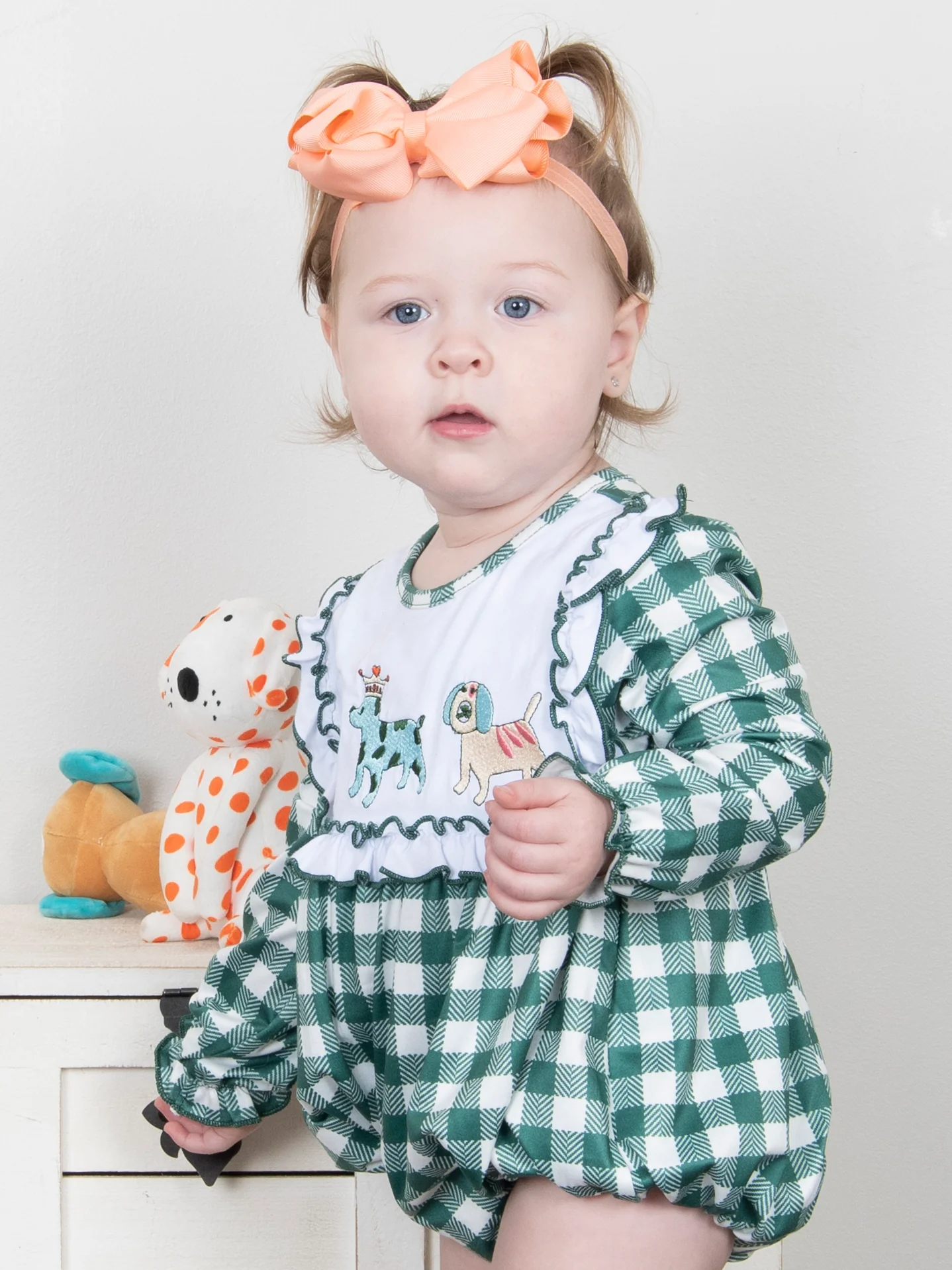 MNC Royal Pups™ Green Gingham Ruffle Romper - Image 3
