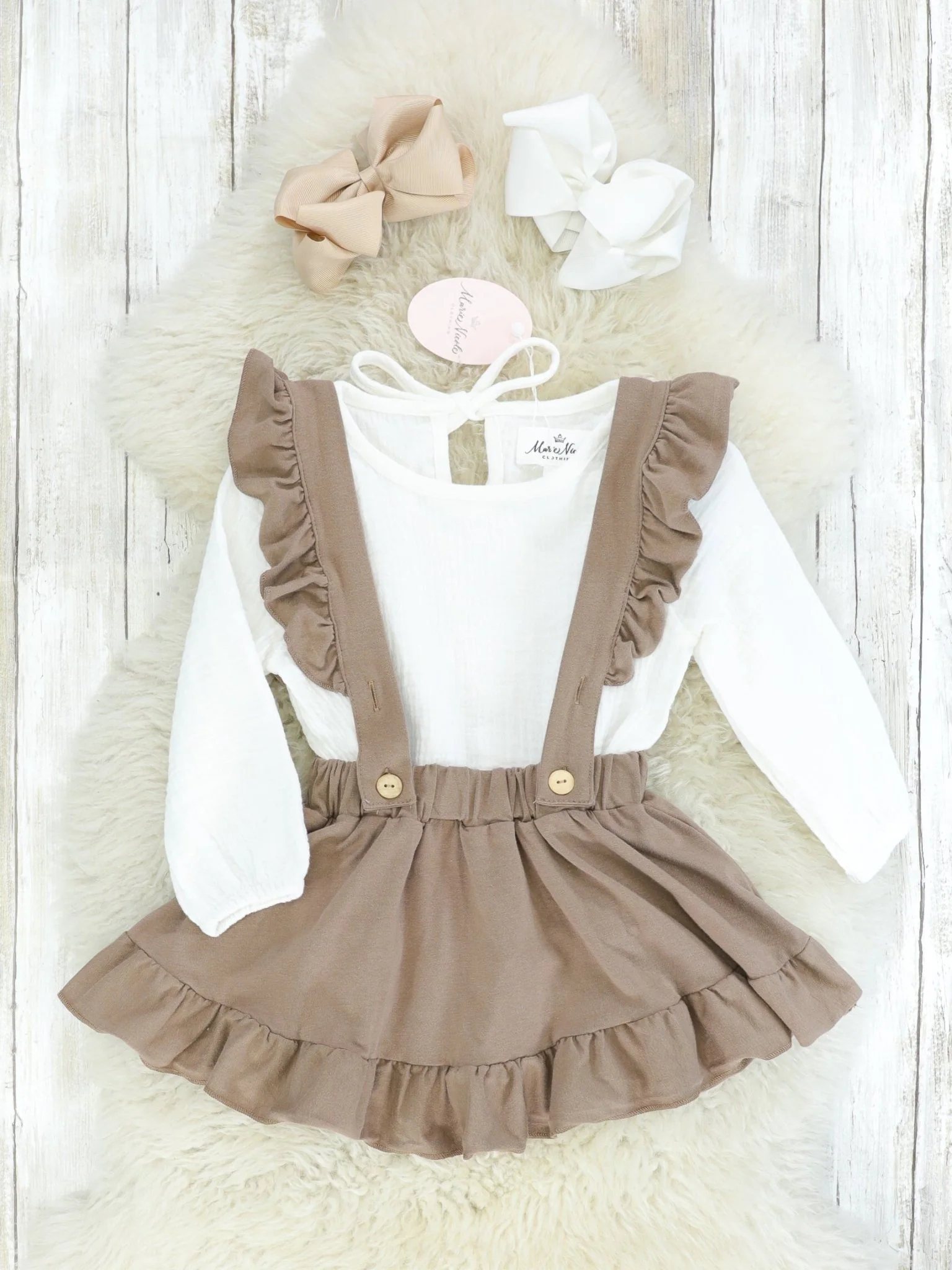 Mocha & White Suspender Skirt Set